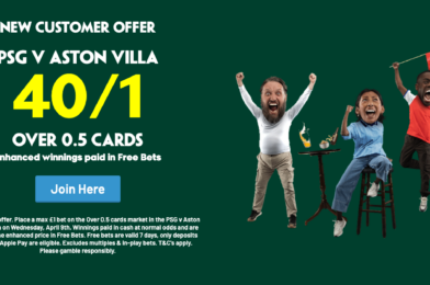 عرض جيد – Vindas de Paddy Power – احصل على 40/1 في أكثر من 0.5 بطاقة على PSG مقابل Aston Villa